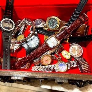 Jewelry box lot with watches earrings